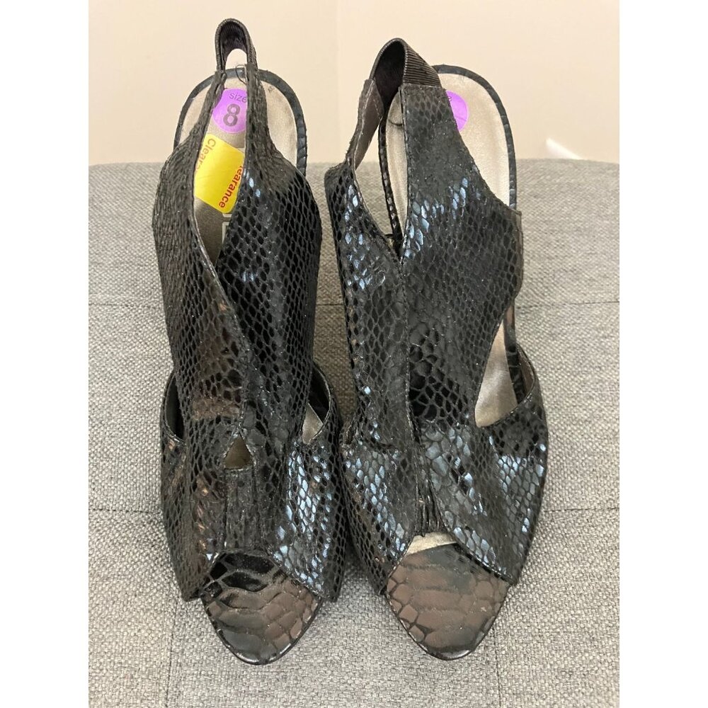 Moda Spana Black Reptile Skin Slip On Open Toe Heels Size 8